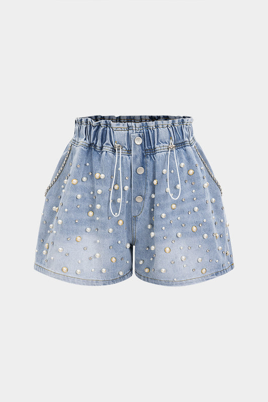 Denim Beaded Rhinestone Drawstring Wide Leg Jorts