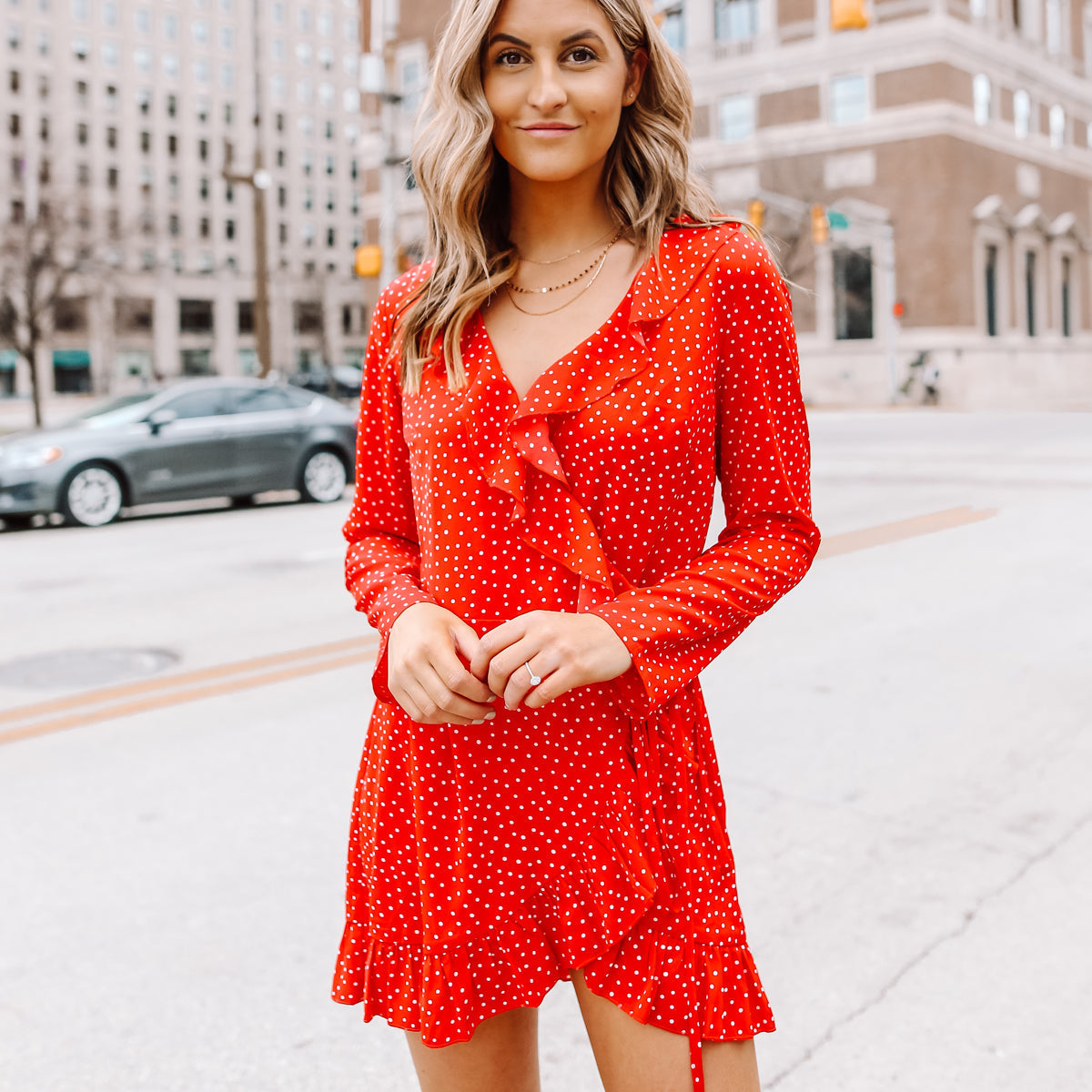 Fashion Polka Print Long Sleeve Tie Waist Dress