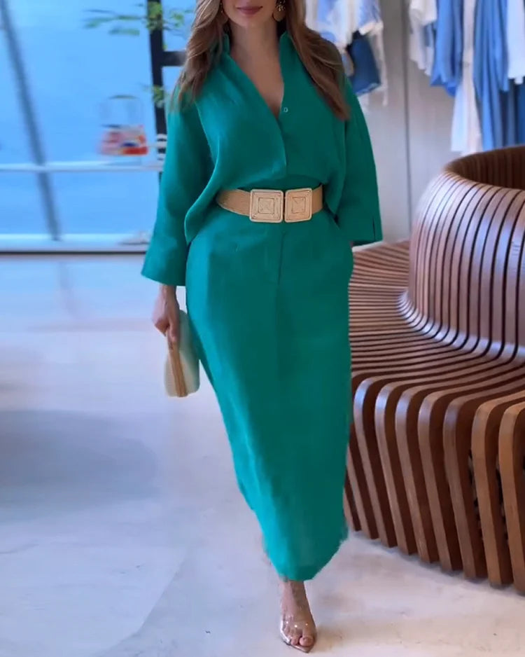 Lapel loose solid color dress