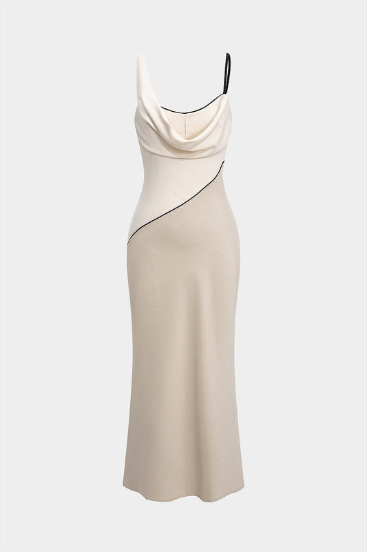 Contrast Draped Cowl Neck Sleeveless Maxi Dress