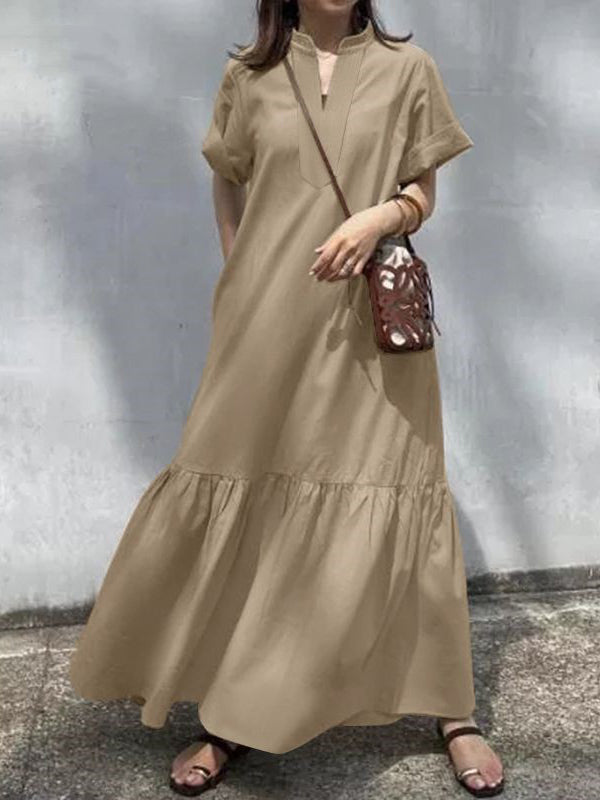 A-Line Loose Solid Color Split-Joint V-Neck Maxi Dresses