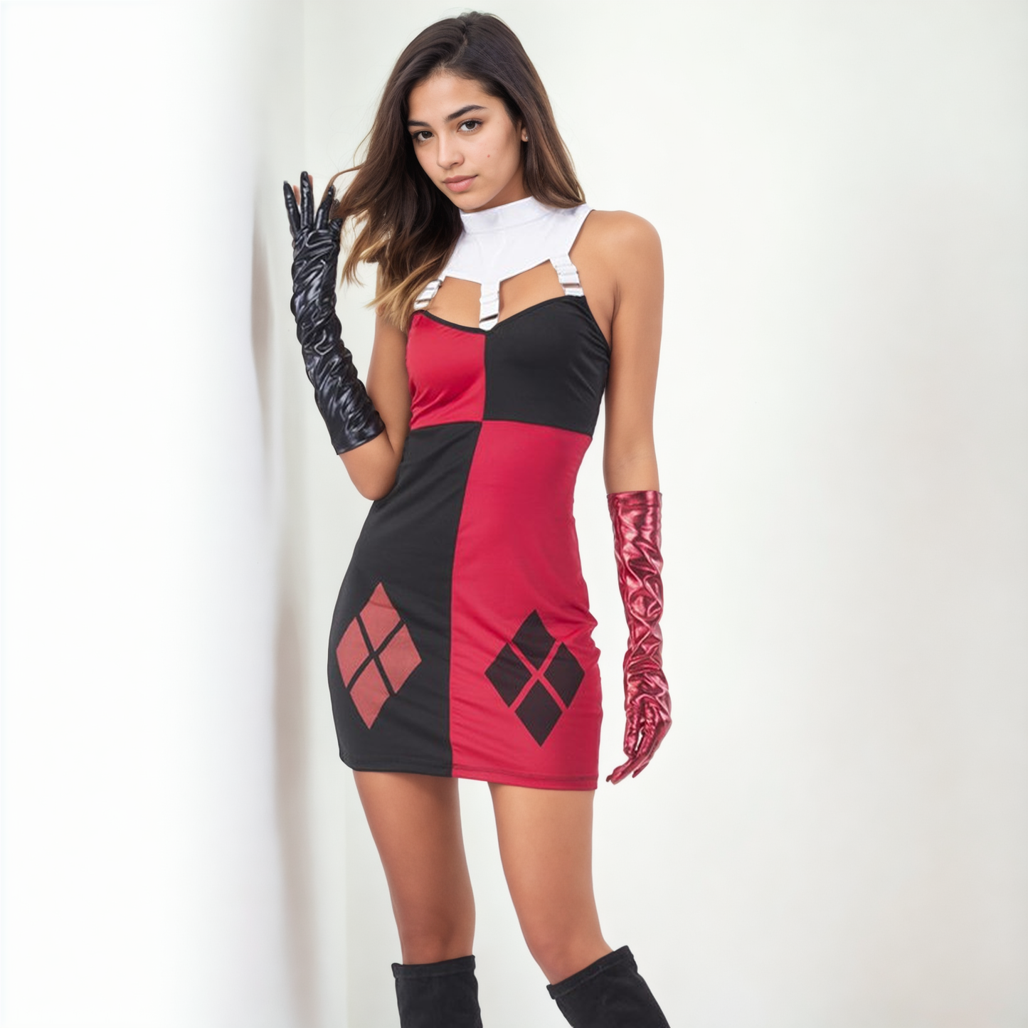 Playful Harlequin Cosplay Costume - Red and Black Jester Outfit