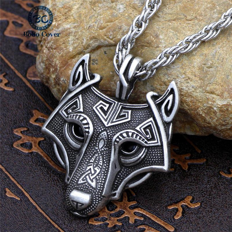 Runic Majesty: Viking Inspired Multicolor Wolf Head Necklace