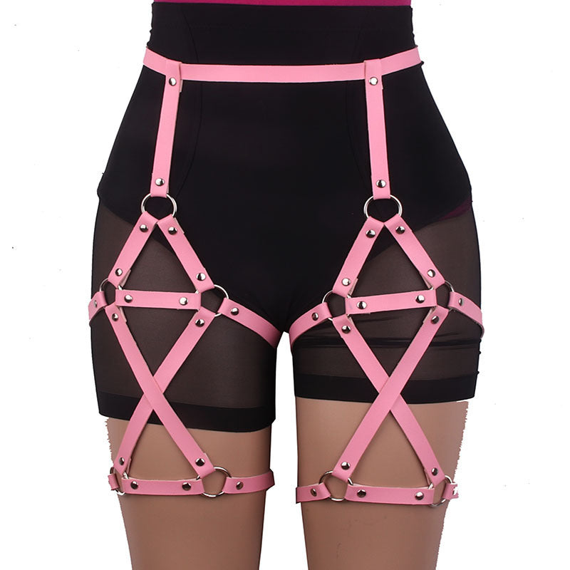 Double-Row Cross Adjustable Leather Leg Ring Belt with Suspender