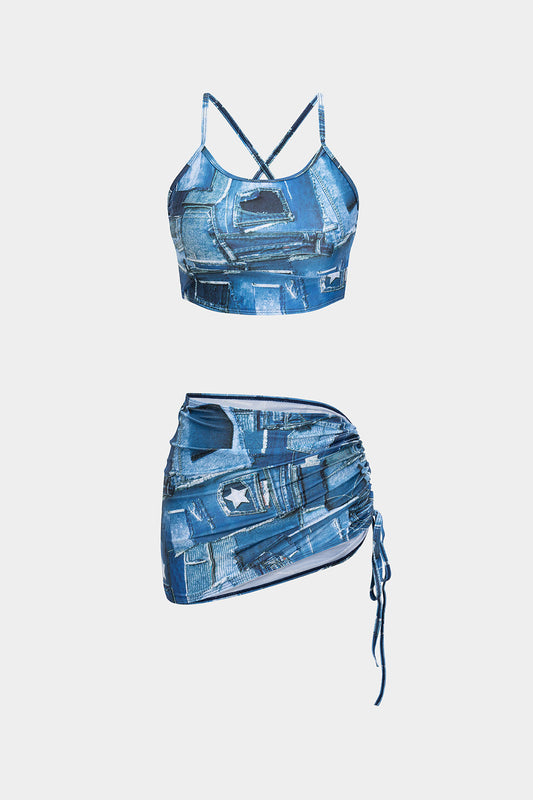 Denim Print Backless Drawstring Bikini Set