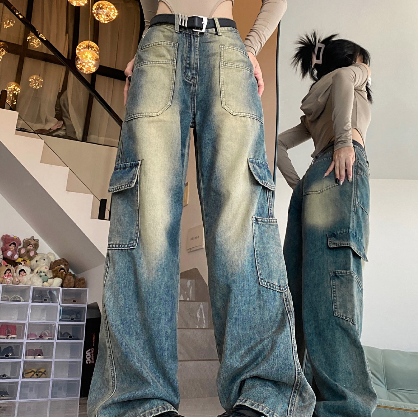 American Vintage Style Pocket Cargo Boyfriend Jeans