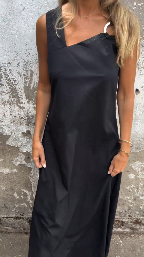 Irregular Square Neck Solid Color Dress