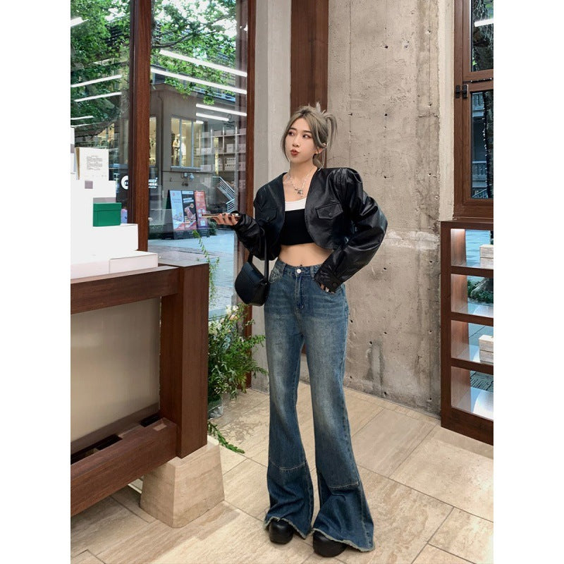 Washed Stretch Low Waist Flare Jeans