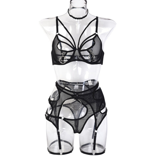 Luminous Mesh Halter & Leg Ring Lingerie Ensemble