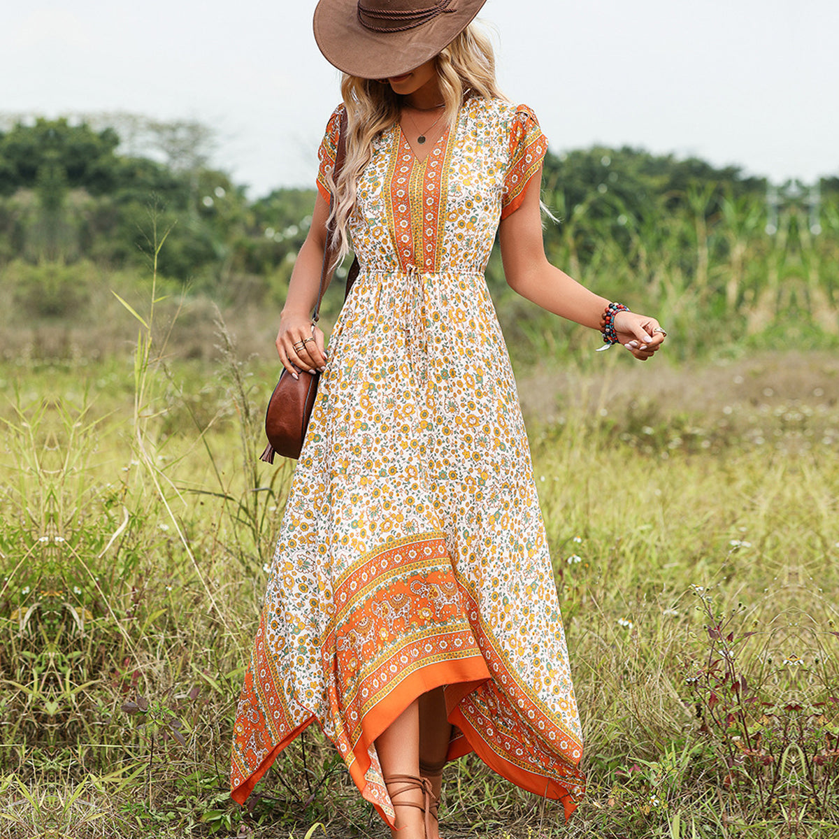 V Neck Floral Print Ruffle Hem Casual Dress