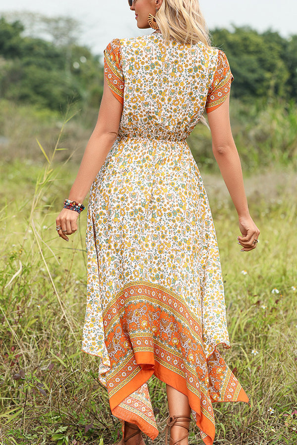 V Neck Floral Print Ruffle Hem Casual Dress