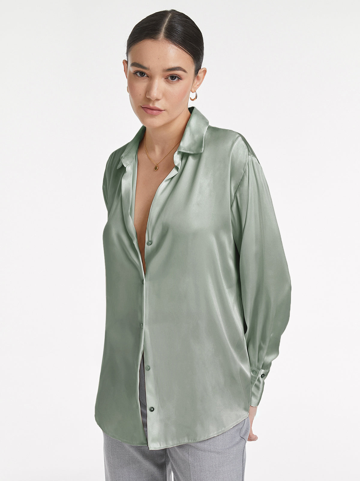 Relaxed Flowy Satin Button Up Shirt