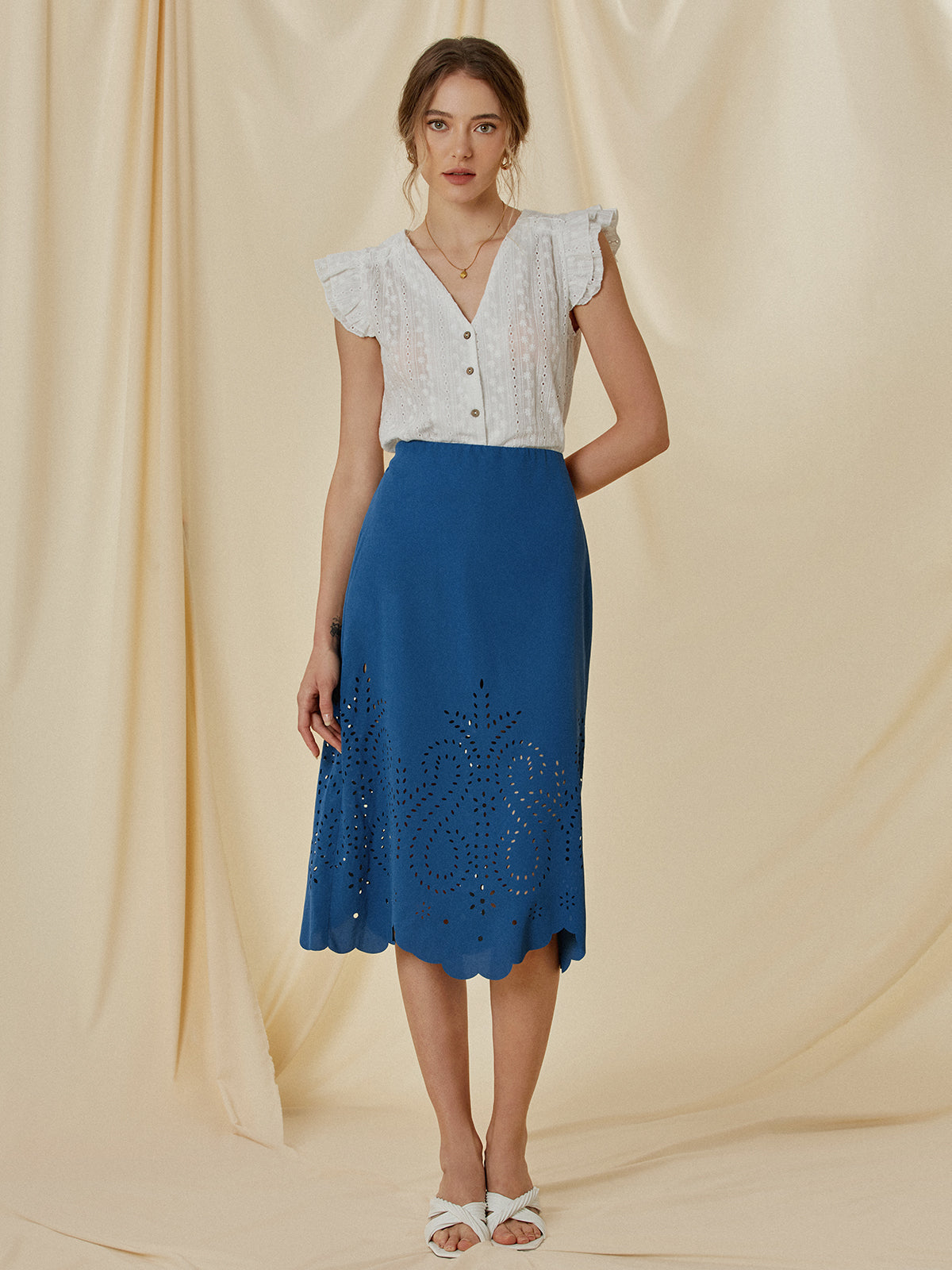 Eyelet High Waisted Midi Skirt