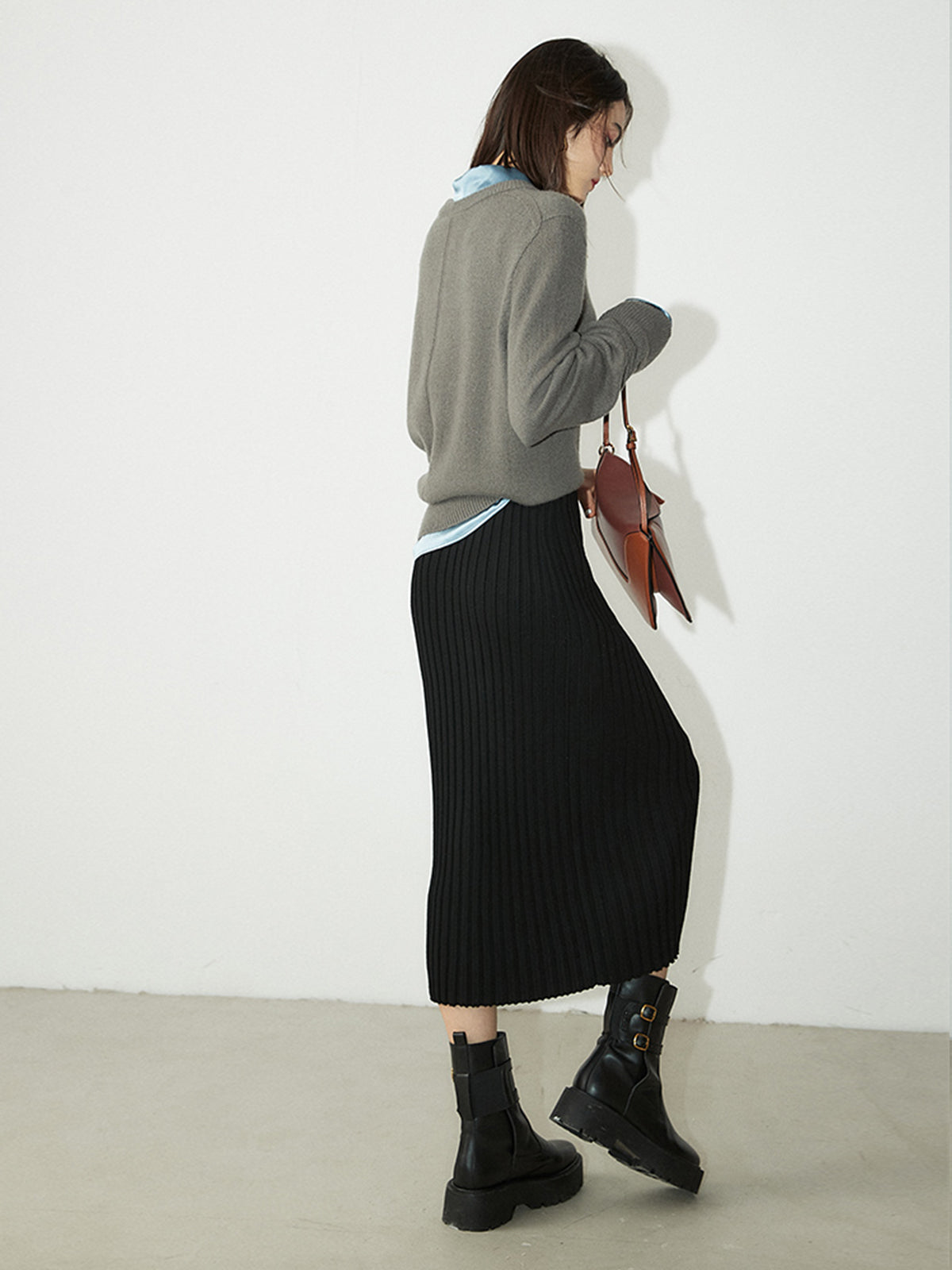 Ribbed Long Knitted Midi Skirt