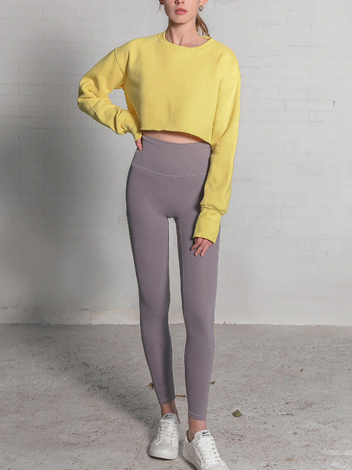 Fleece Lined Solid Cropped Sweatshirt