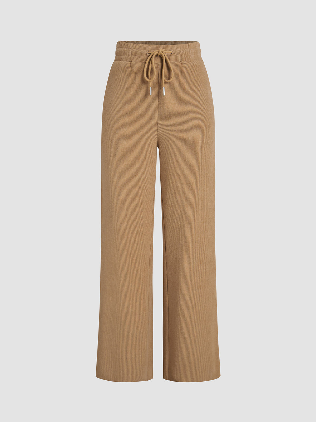 Camel Drawstring Ribbed Wide Leg Pants