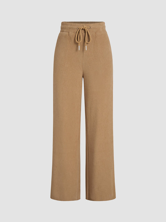 Camel Drawstring Ribbed Wide Leg Pants