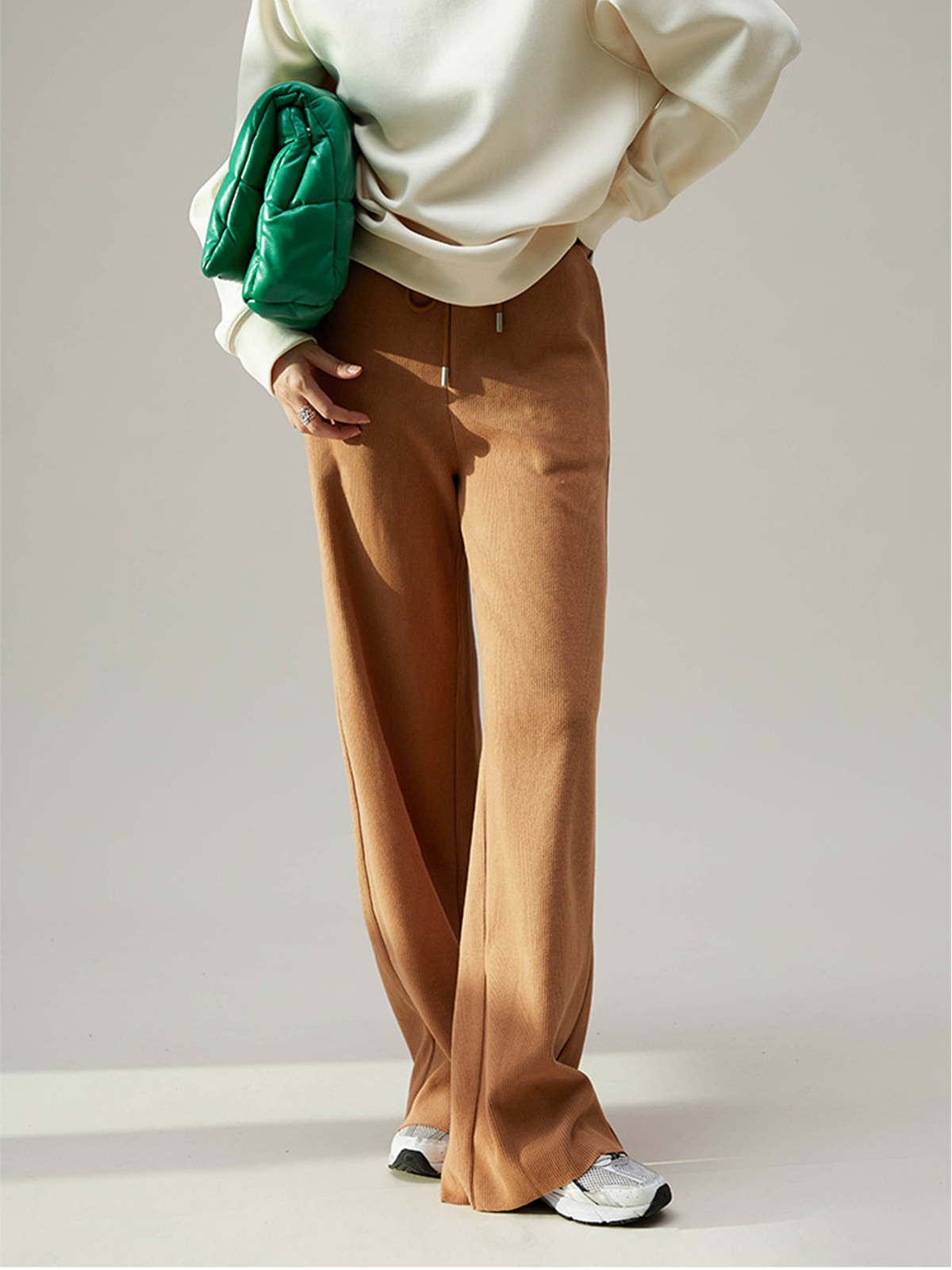 Camel Drawstring Ribbed Wide Leg Pants