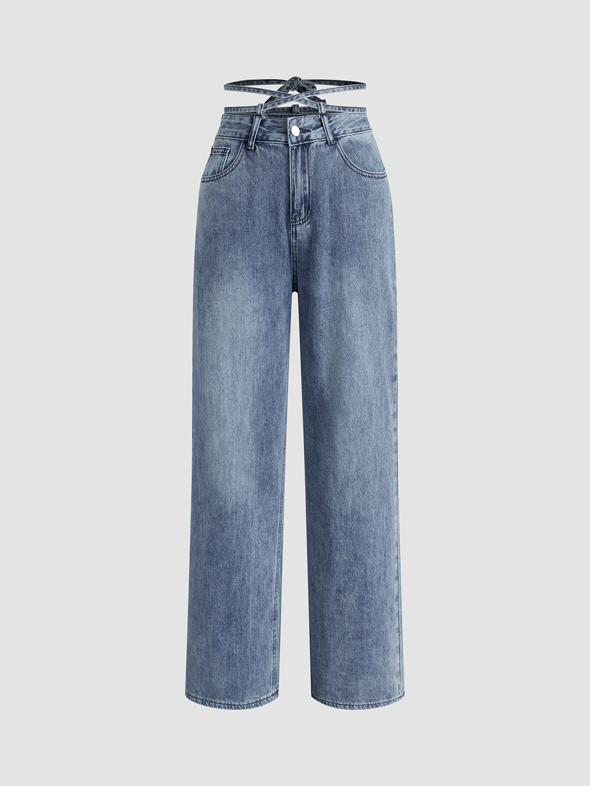 Cross Tie Waist Denim Straight Leg Jeans