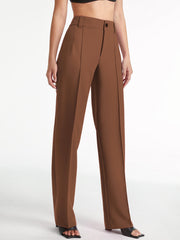 High Waisted Pleat Front Solid Colored Straight Leg Trousers