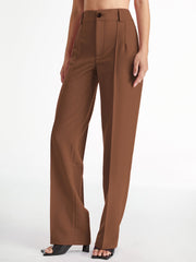 High Waisted Pleat Front Solid Colored Straight Leg Trousers