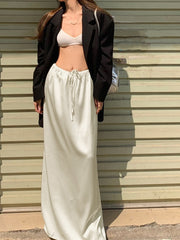 Drawstring Satin Maxi Skirt