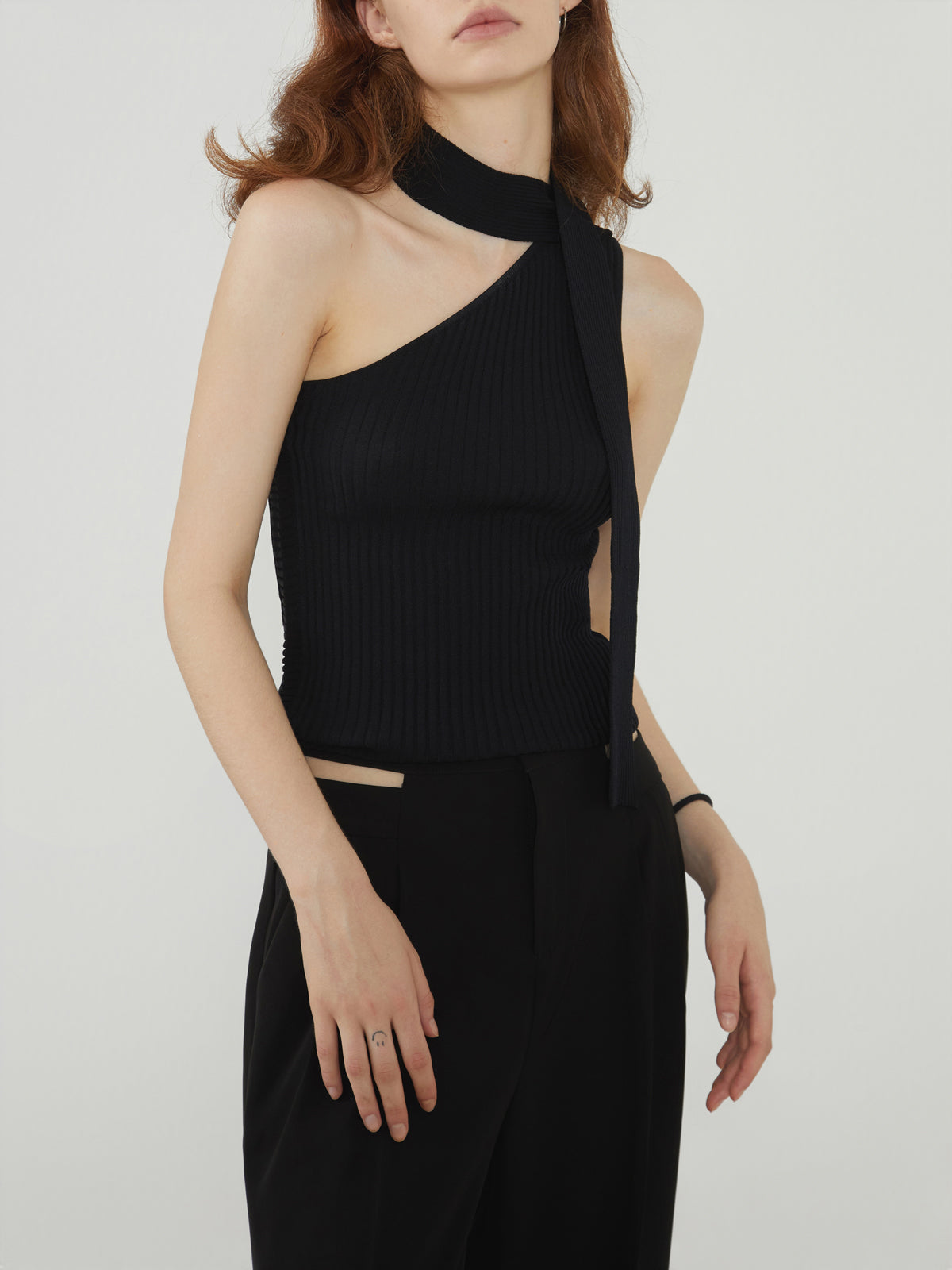 Halter Oblique Strap Rib Knit Top