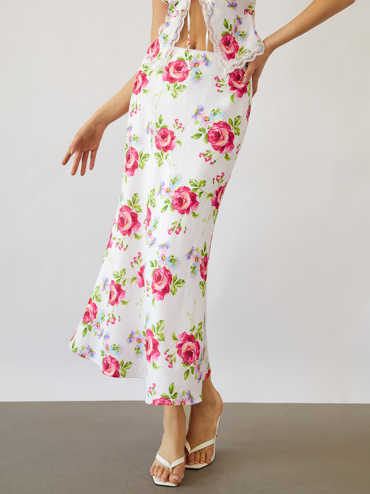 Rose Bush Flowy Floral Midi Skirt