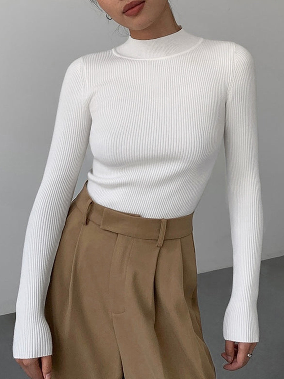 Mock Neck Rib Long Sleeve Knit Top