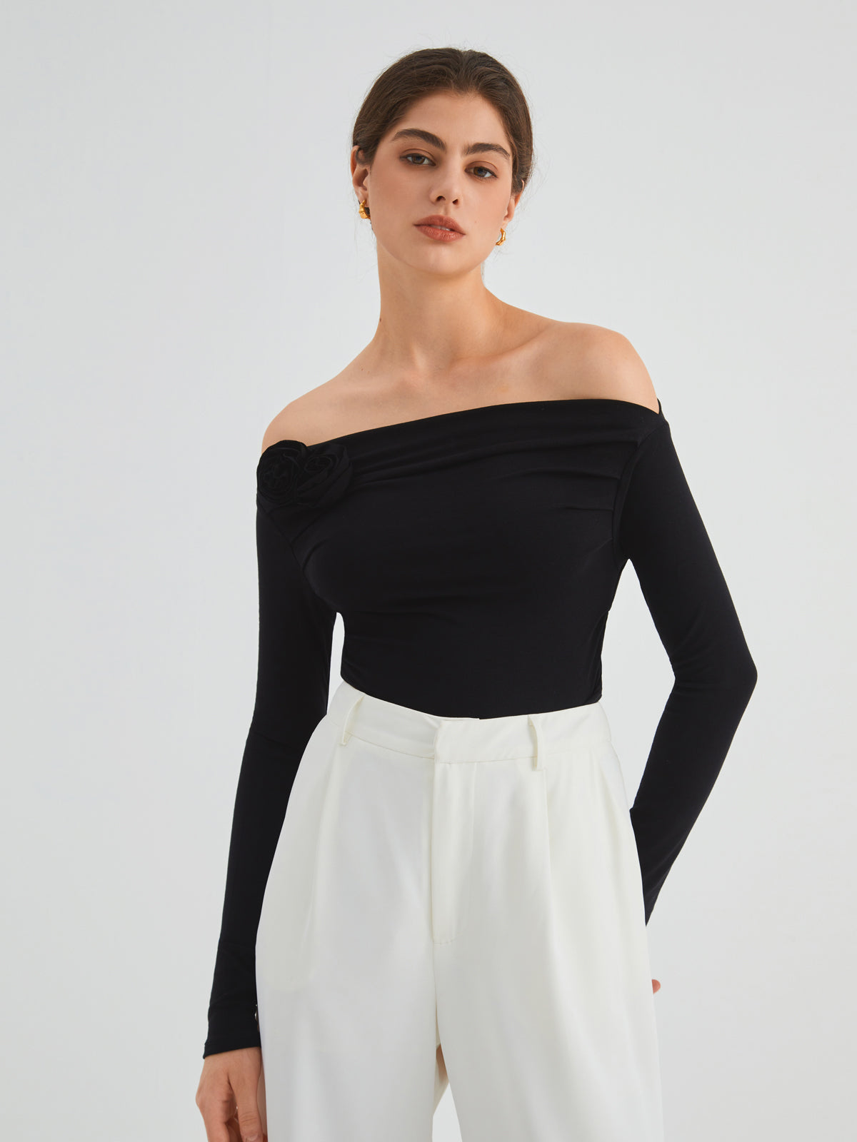 Off Shoulder Rosette Long Sleeve Top