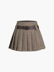 Houndstooth Belted Pleat Mini Skirt