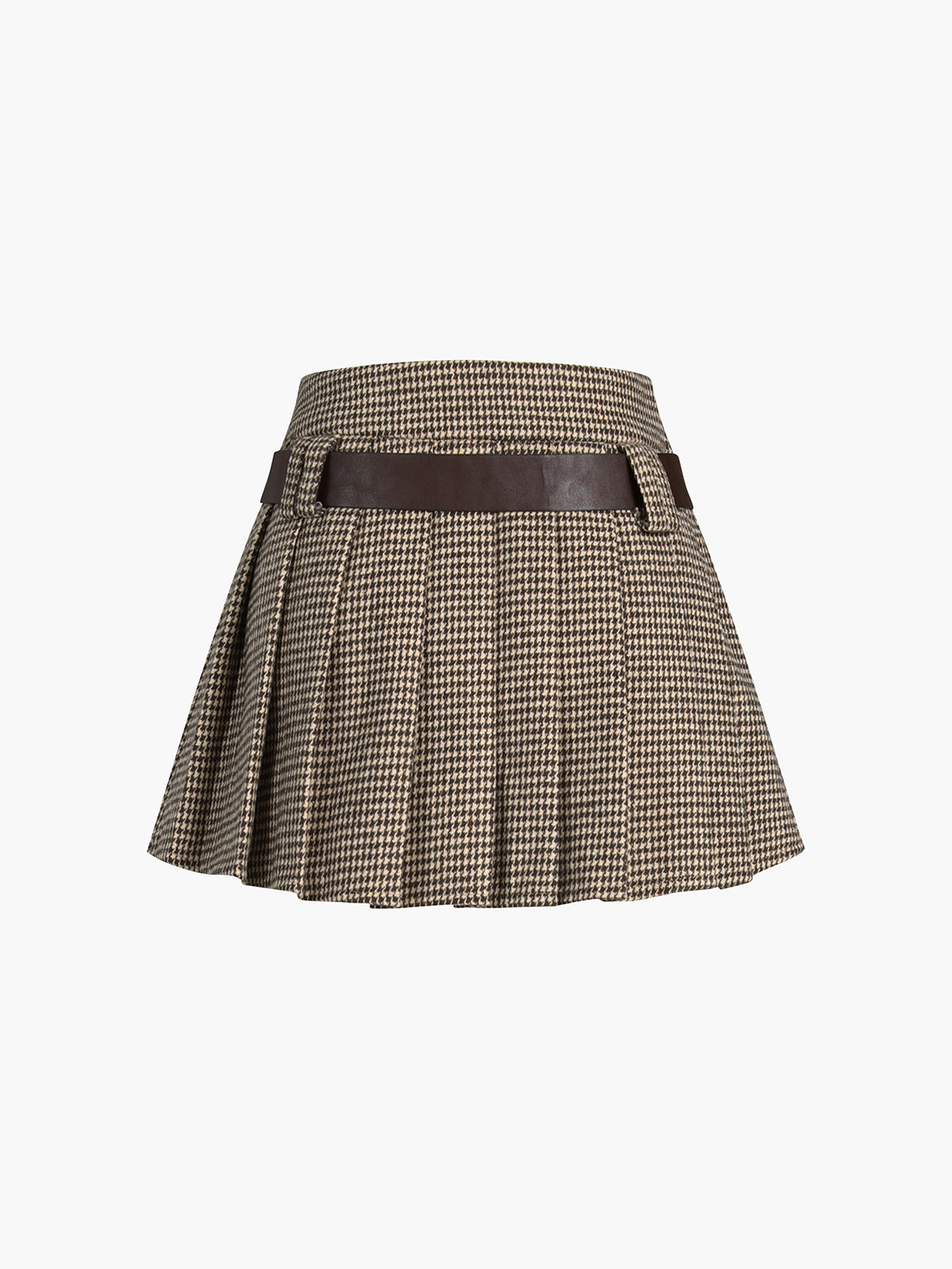 Houndstooth Belted Pleat Mini Skirt