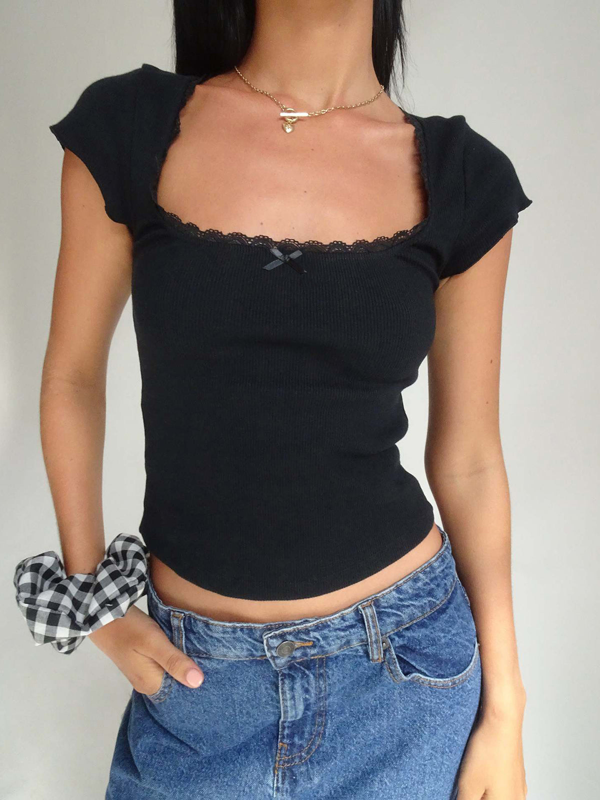 Like That Lace Trim Cap Sleeve Crop Top