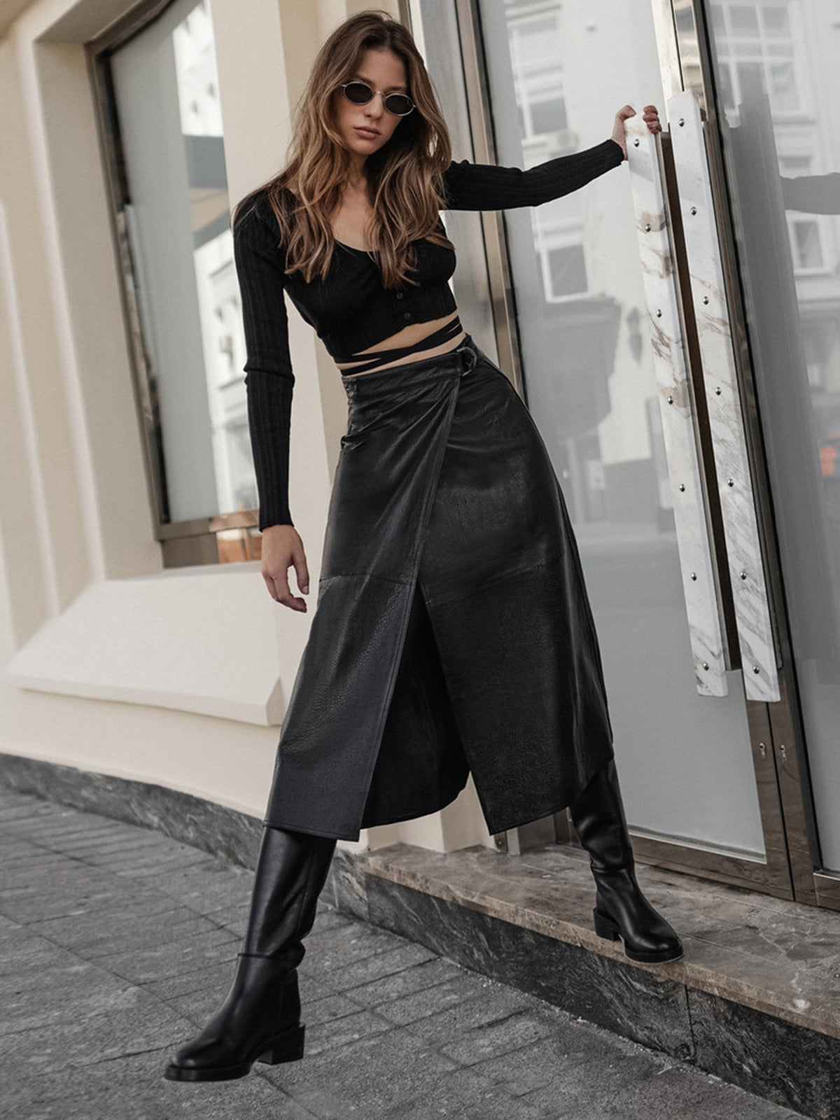 Eyes On Me Belted Leather Skirt