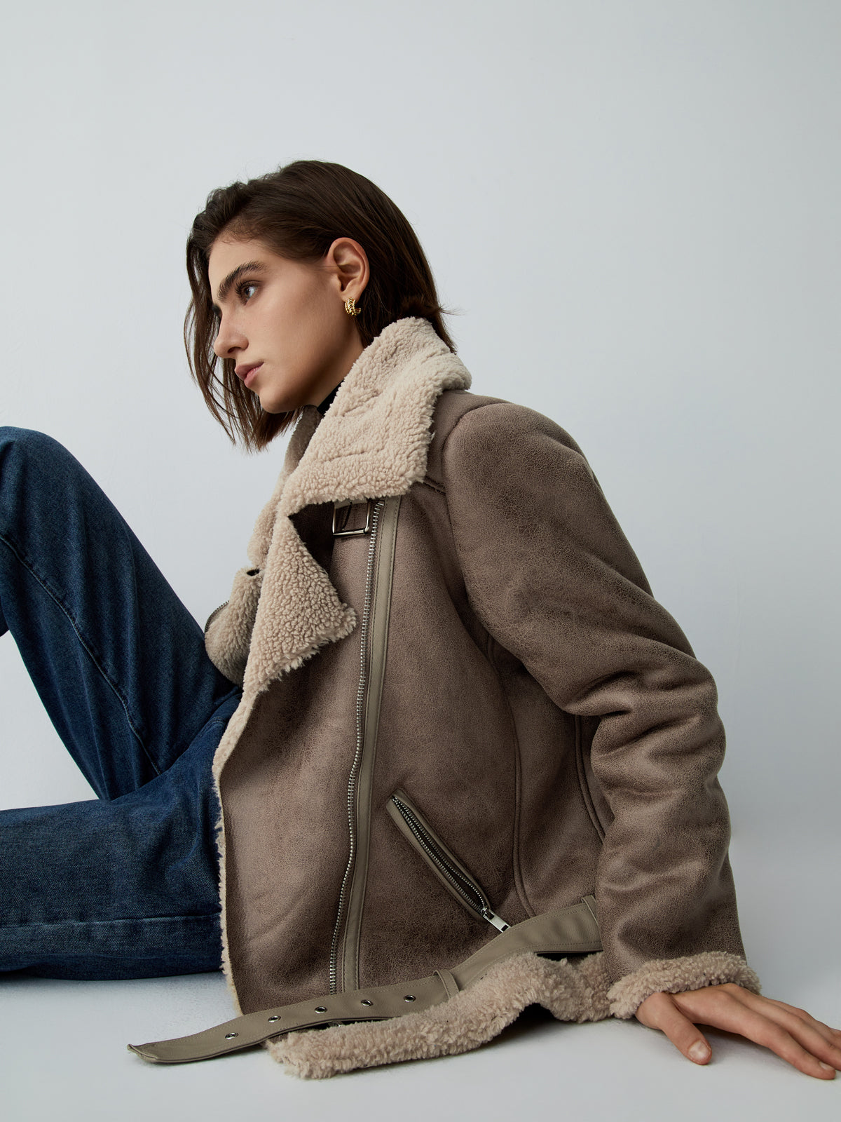 Distressed Leather Fleece Aviator Jacket