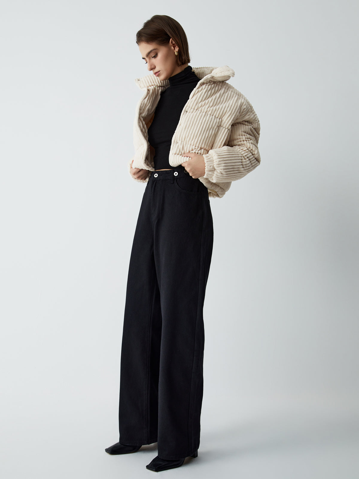 Corduroy Open Collar Puffer Coat