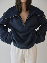 Open Collar Zip Up Oversized Sweatshirt