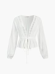 Lace Trim Tie Front Textured Blouse