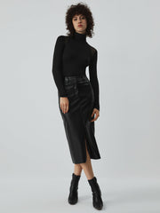 Faux Leather Pockets Midi Skirt