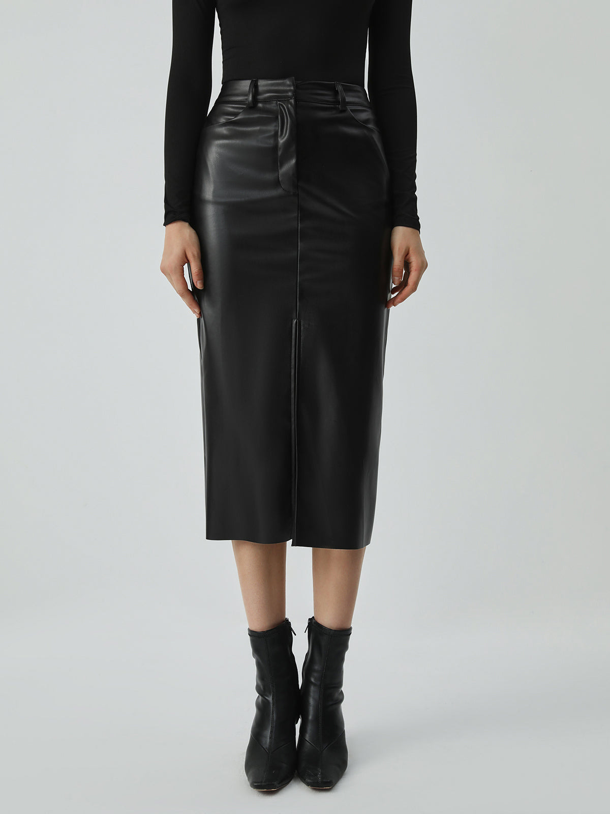 Faux Leather Pockets Midi Skirt