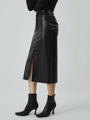 Faux Leather Pockets Midi Skirt