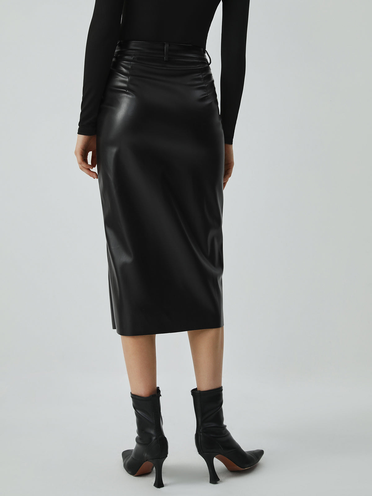 Faux Leather Pockets Midi Skirt