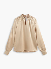 Oatmeal Satin Twist Neckline Long Sleeve Blouse