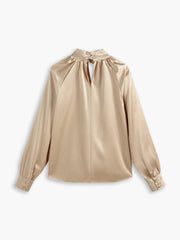 Oatmeal Satin Twist Neckline Long Sleeve Blouse