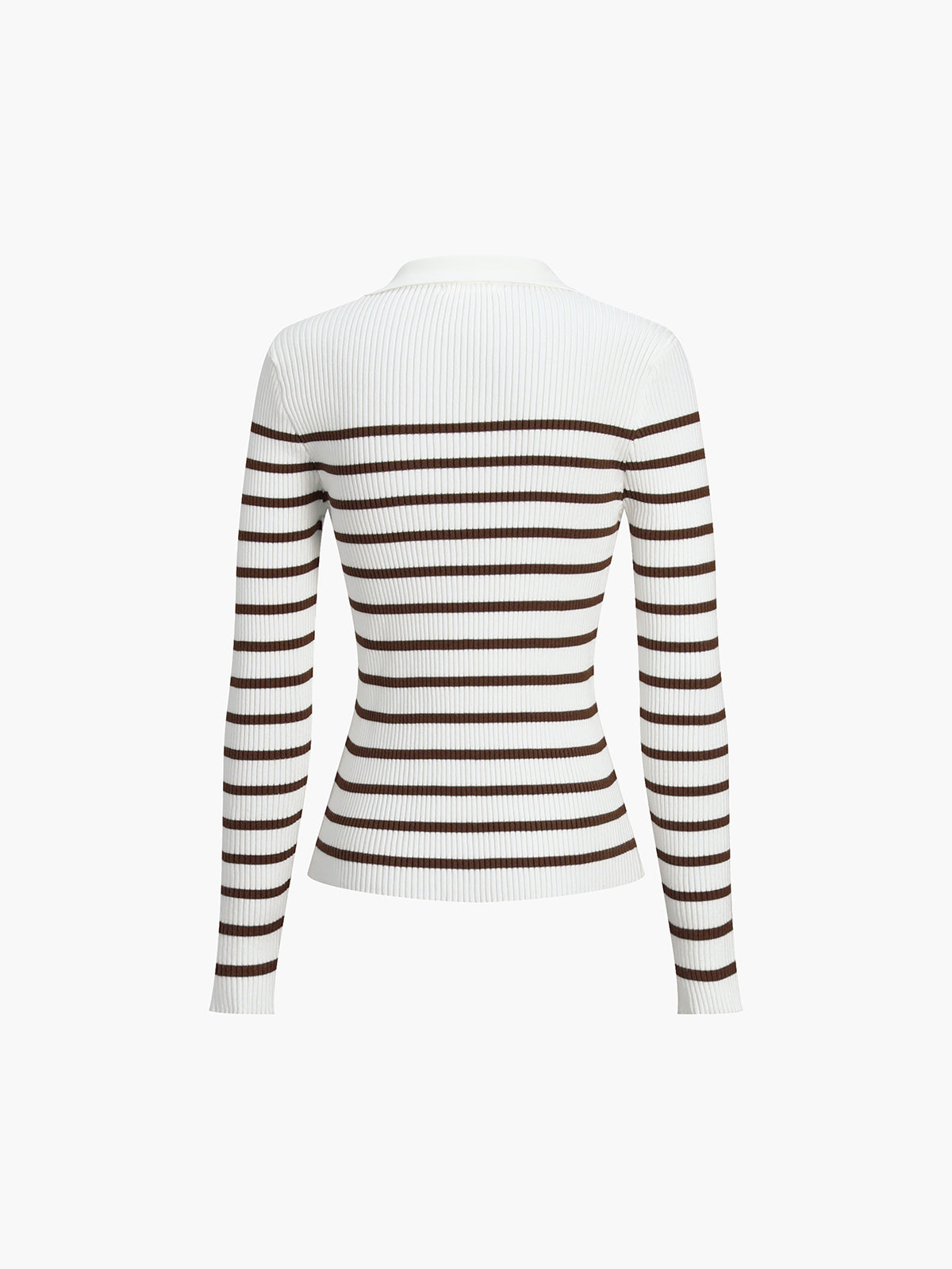 Quarter Buttoned Stripe Open Collar Long Sleeve Knit Top