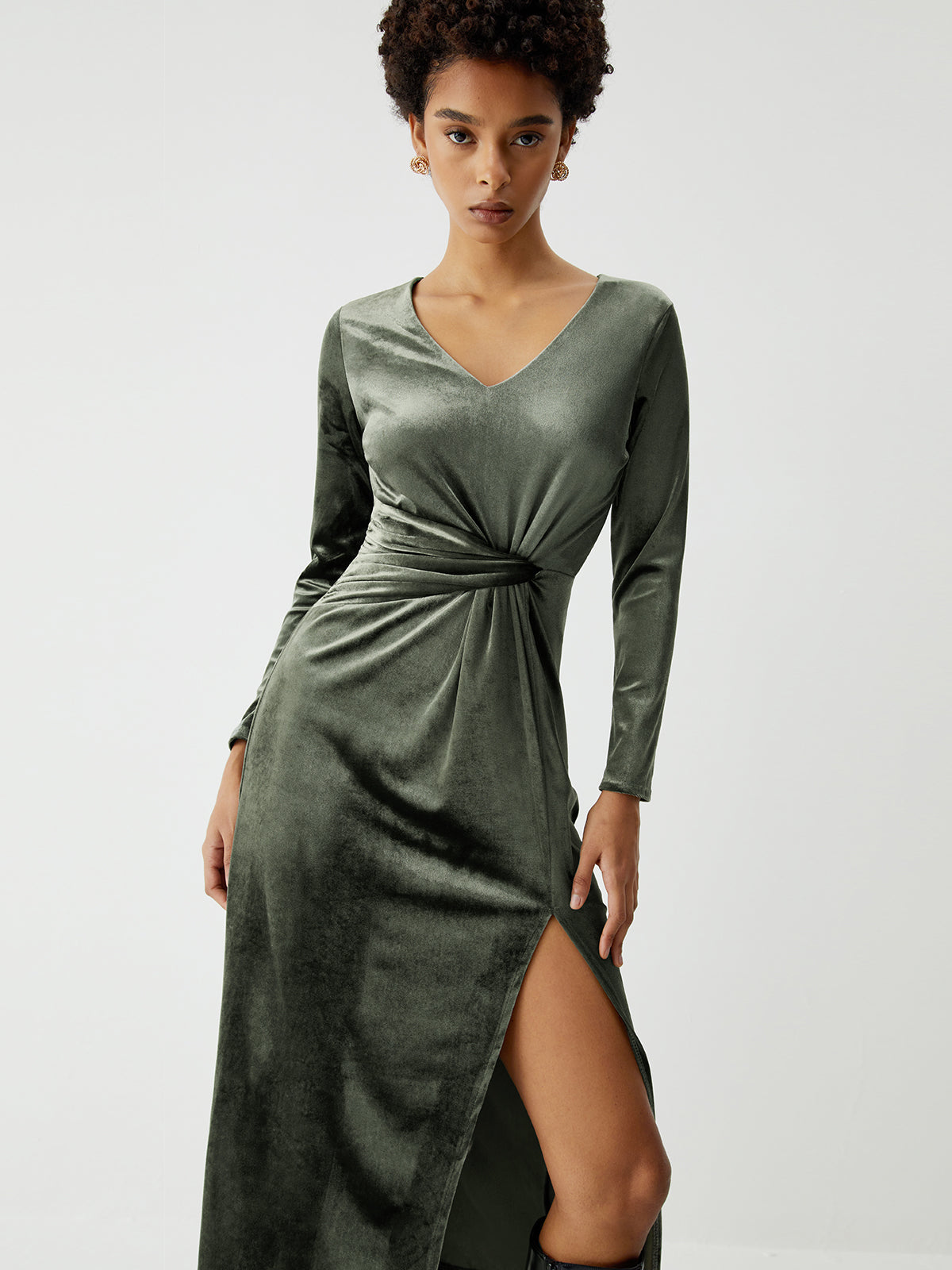 Knot Detail Velvet Long Sleeve Long Dress