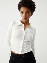 Open Collar Ruched Long Sleeve Shirt