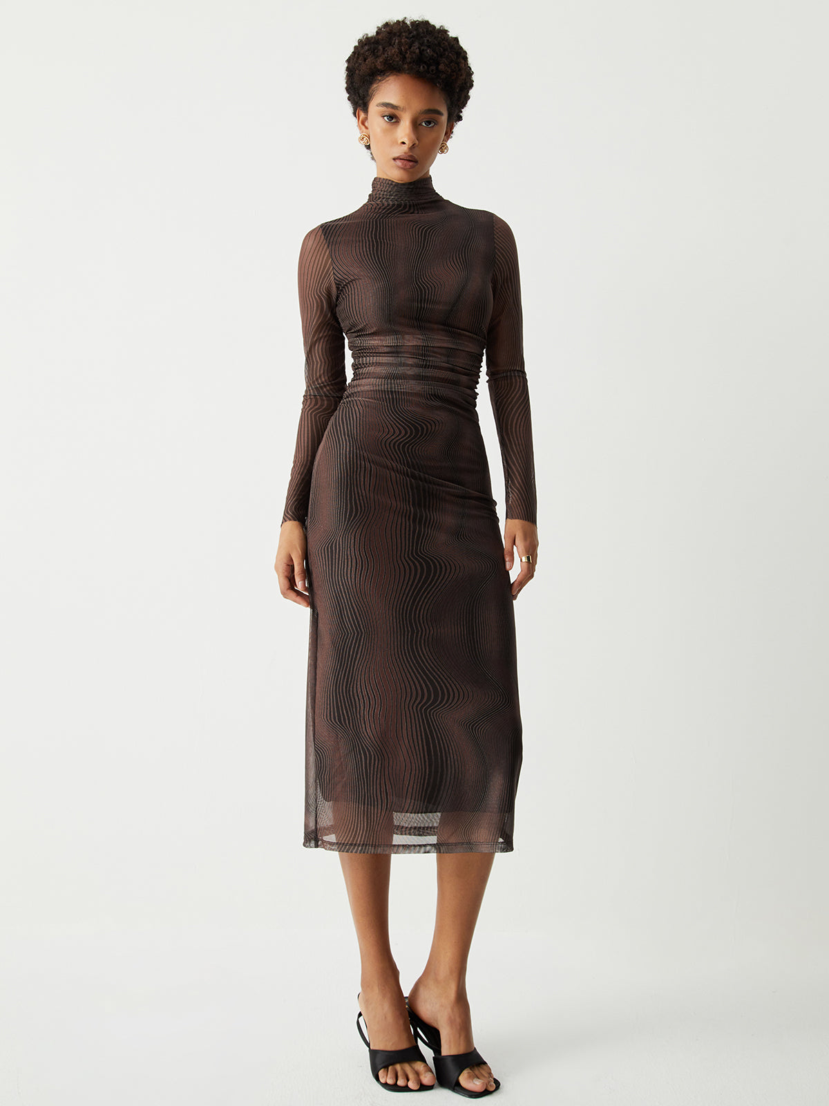 Illusion Tulle Print Mock Neck Mesh Midi Dress