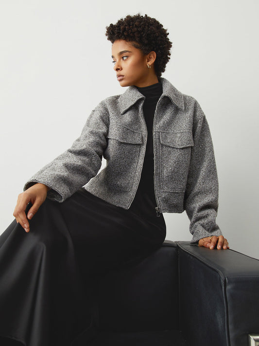 Tweed Open Collar Zip Up Crop Jacket