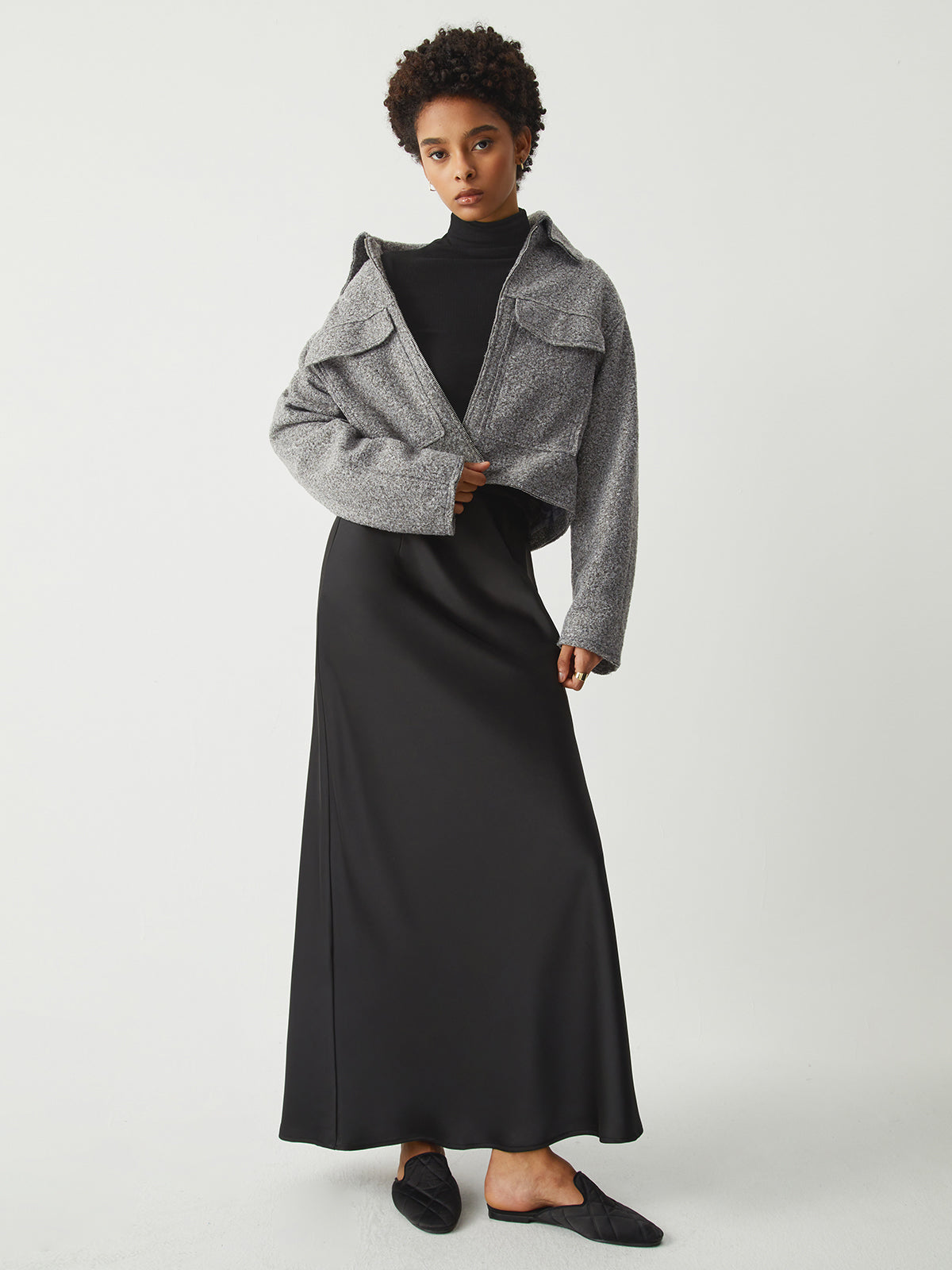 Tweed Open Collar Zip Up Crop Jacket